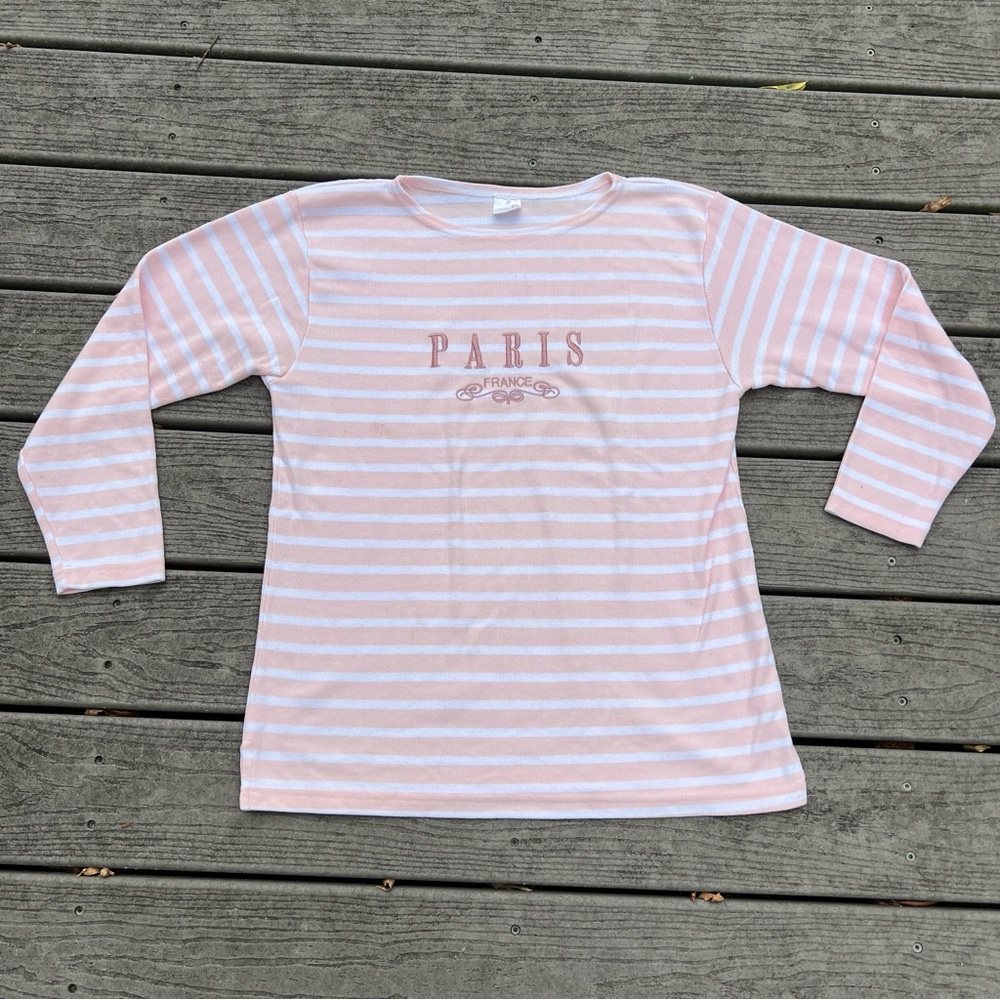Alma Mater: Pink and White Striped Long Sleeve Shirt. Women’s Size Large.